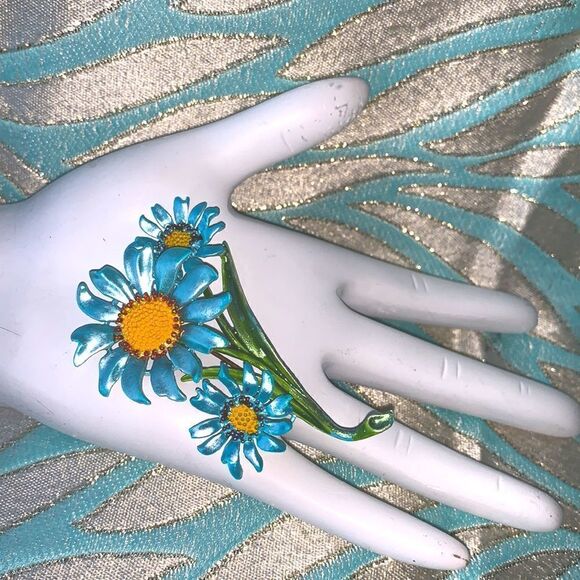Vintage blue metallic enamel floral brooch pin- mid century - Picture 4 of 8